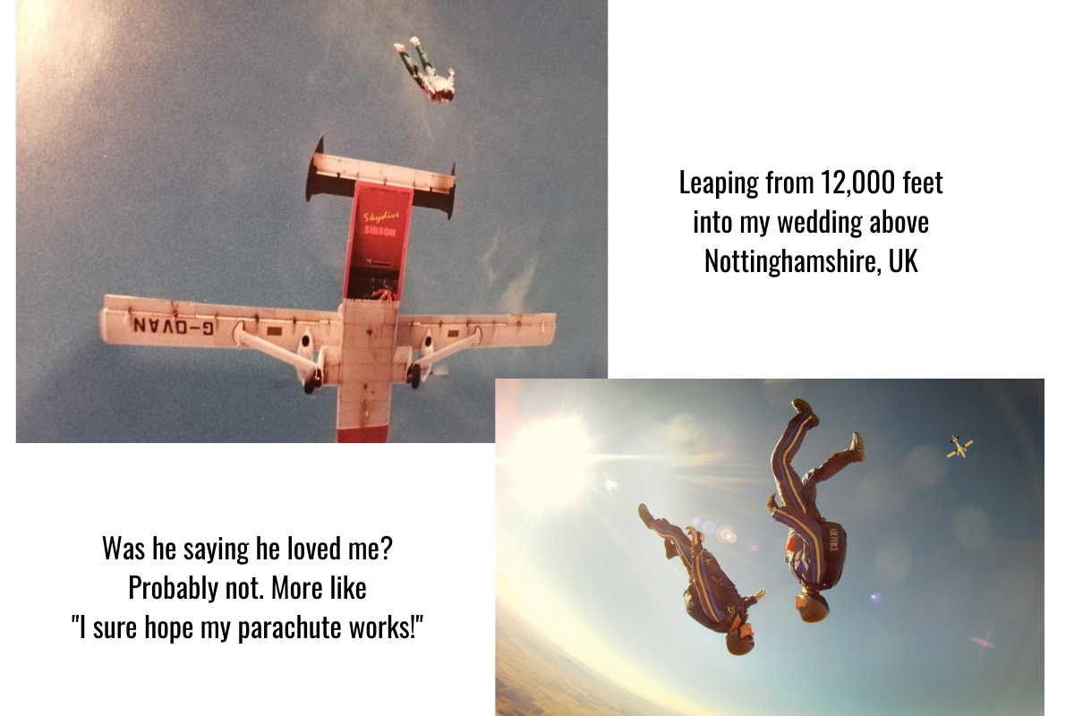 Lise parachuting into her own wedding